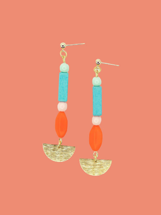 Geometric colourful bead dangle earrings with a textured brass semi circle and beads in ceramic, glass and resin in orange, pink, turquoise and mint. Hung from 24k gold plated brass ball studs.
