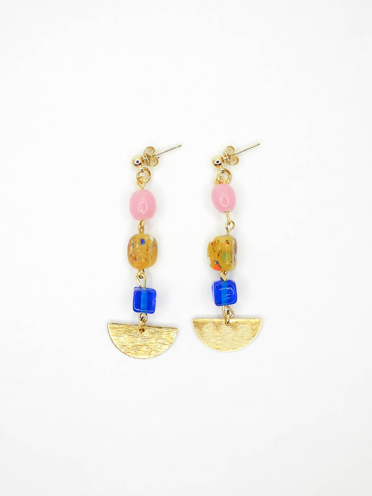 Colourful glass bead dangle earrings in pink, speckled yellow and blue glass beads with a textured brass semi circle charm, hung from 24k gold plated ball studs