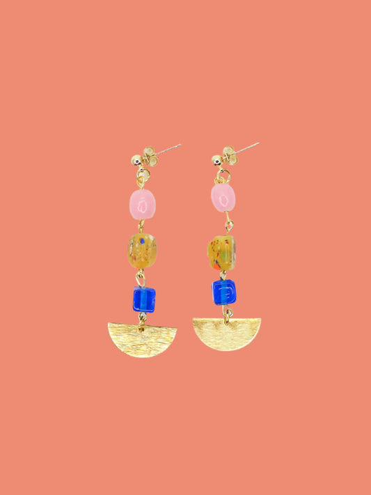 Colourful glass bead dangle earrings in pink, speckled yellow and blue glass beads with a textured brass semi circle charm, hung from 24k gold plated ball studs