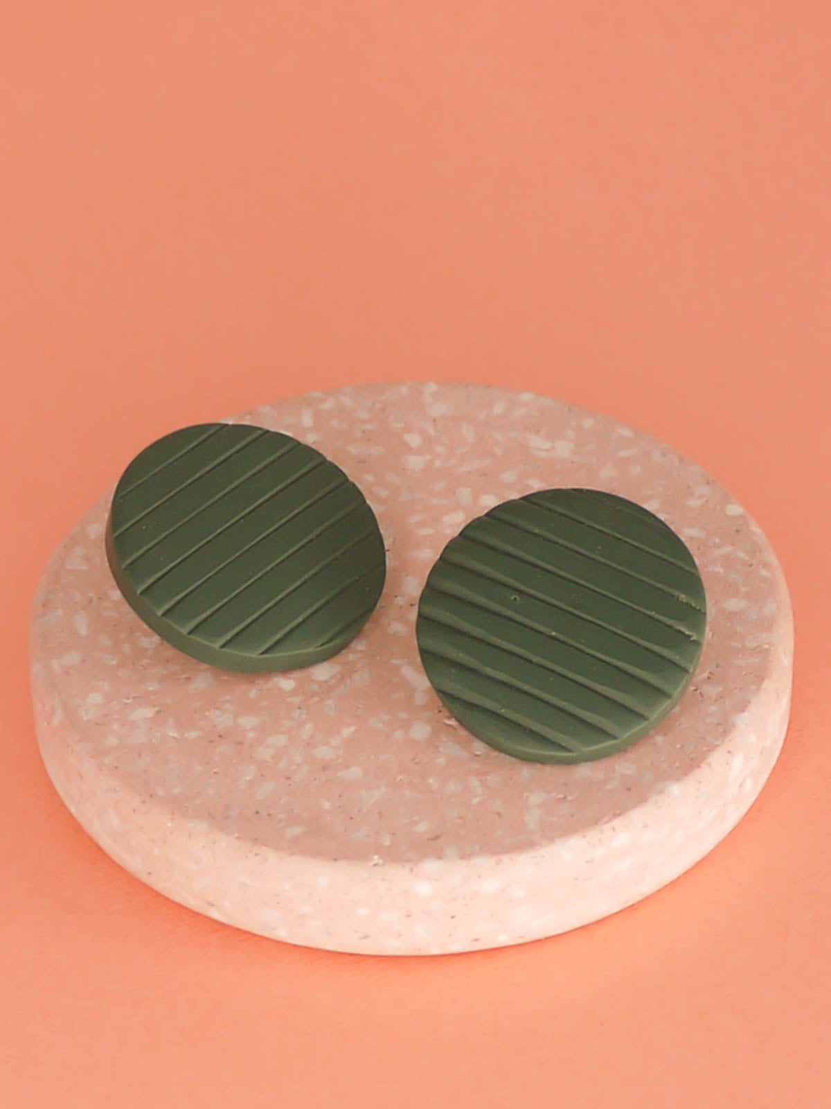 Green disk polymer clay textured stud striped statement earrings