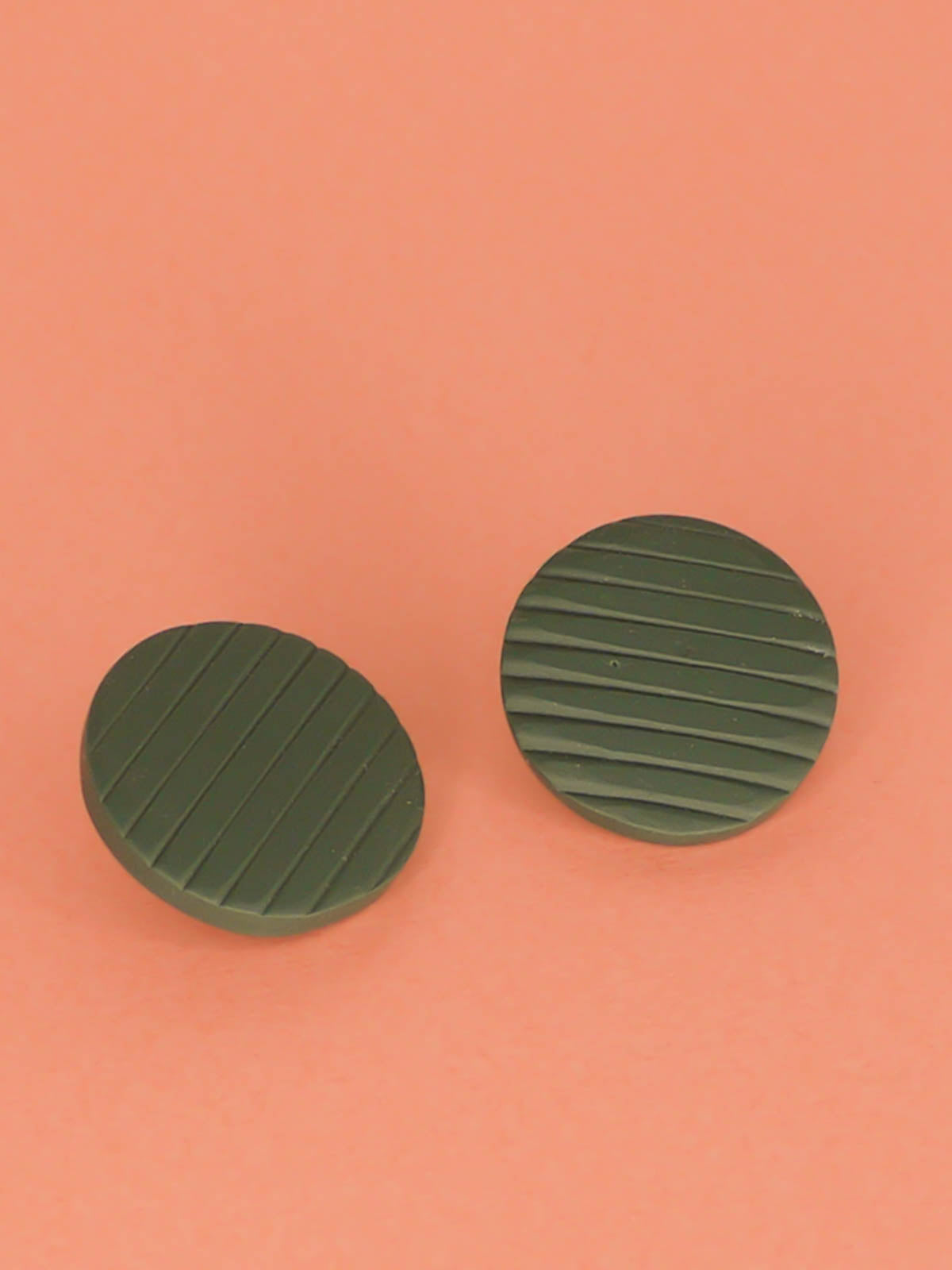 Green disk polymer clay textured stud striped statement earrings