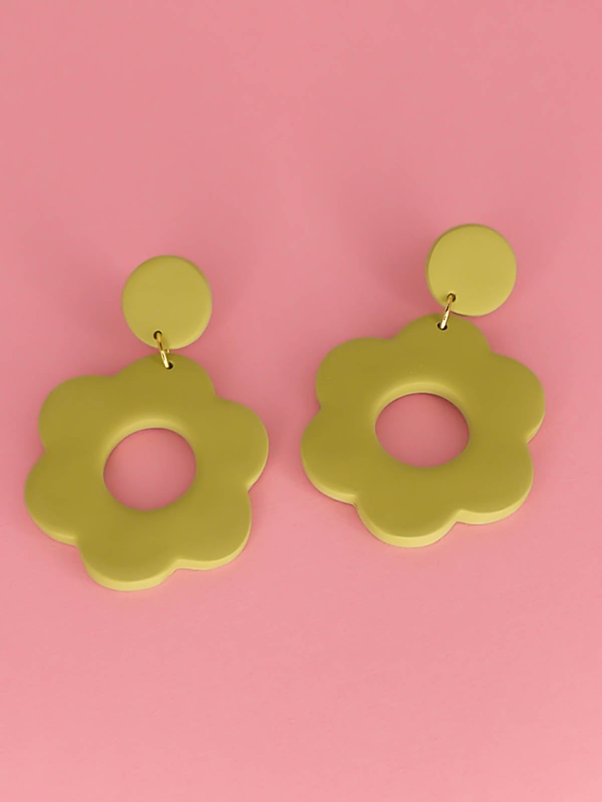 Large green polymer clay flower hoop earrings in pastel green with stainless steel posts