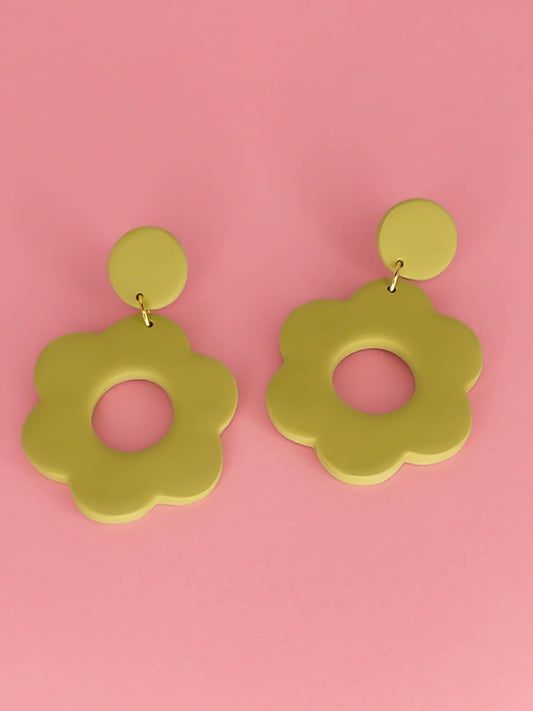 Large green polymer clay flower hoop earrings in pastel green with stainless steel posts