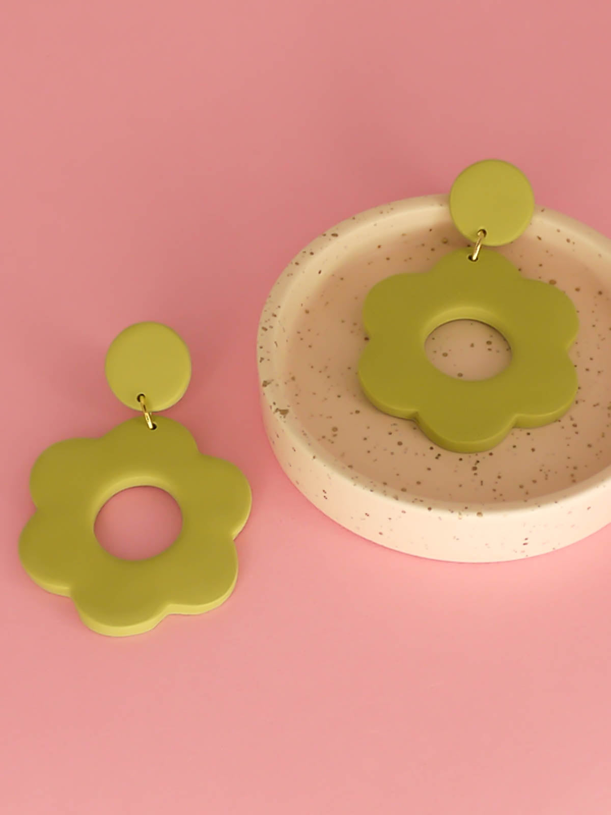 Large green polymer clay flower hoop earrings in pastel green with stainless steel posts