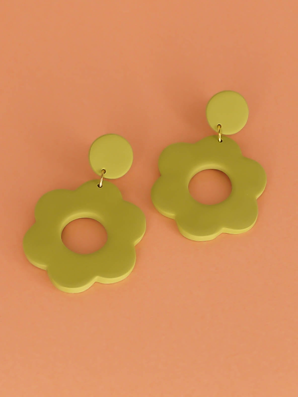 Large green polymer clay flower hoop earrings in pastel green with stainless steel posts