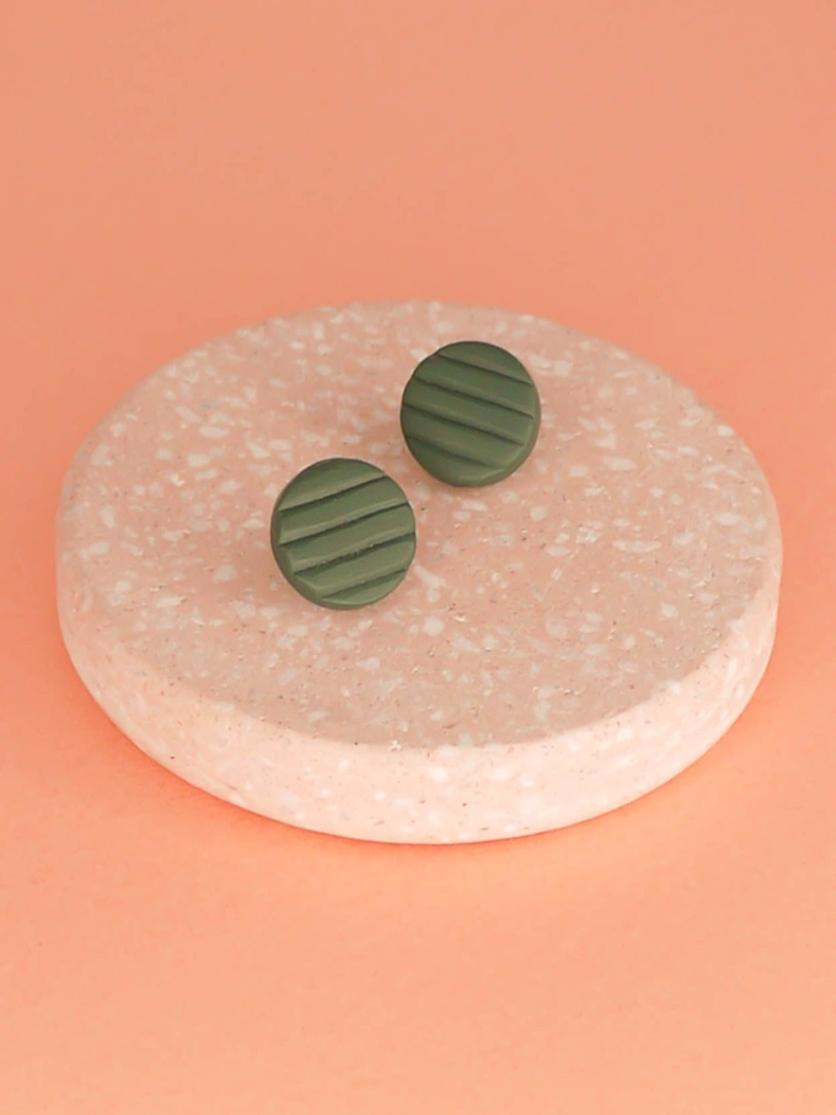 Mini green textured striped polymer clay stud earrings