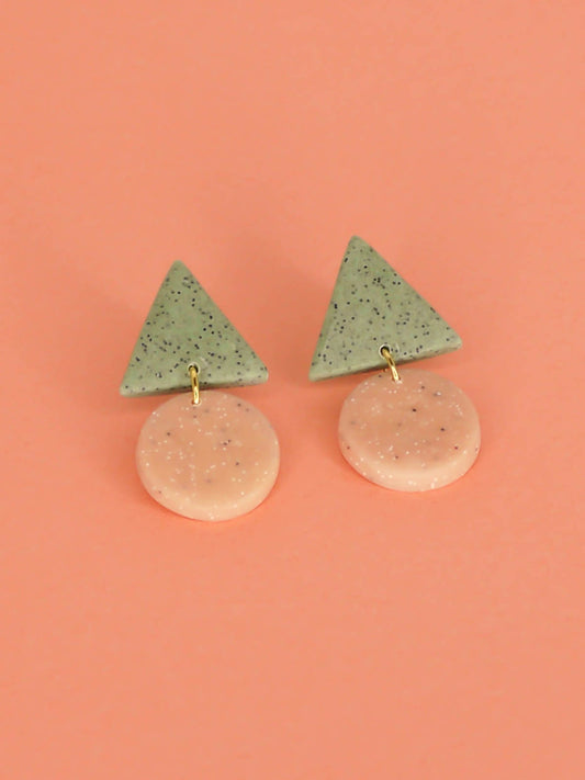 Geometric stud dangle earrings with a granite green triangle stud and a peach granite circle with stainless steel posts