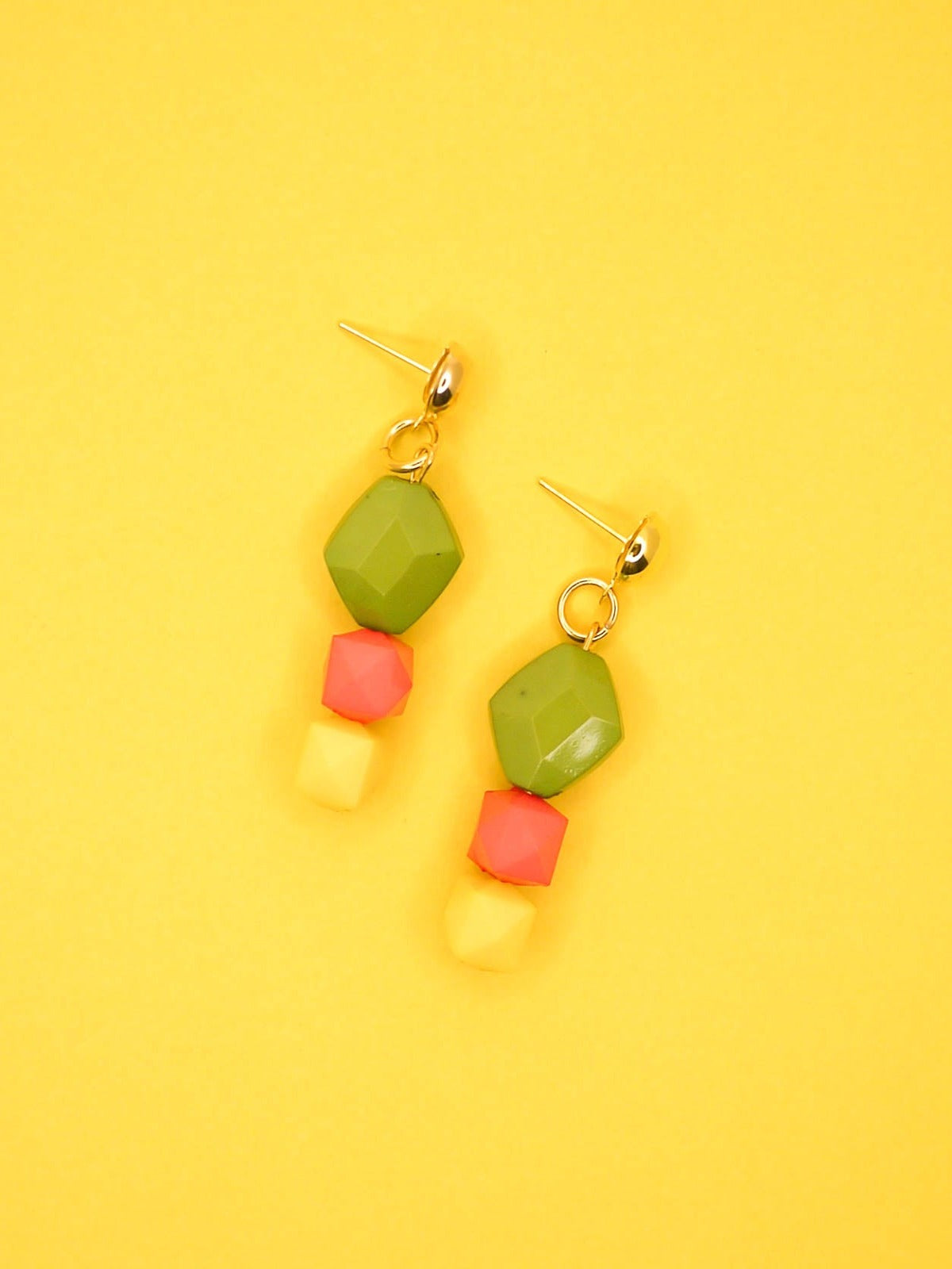 Colour block green, pink & yellow faceted bead earrings