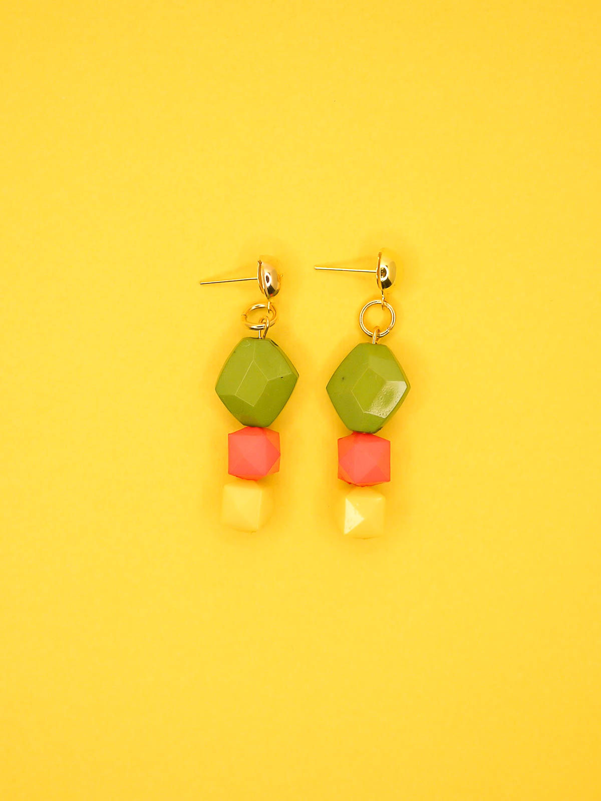 Colour block green, pink & yellow faceted bead earrings