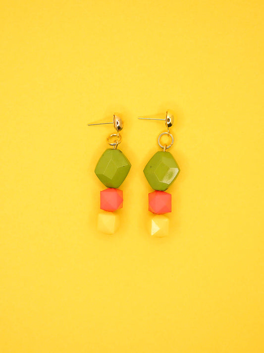 Colour block green, pink & yellow faceted bead earrings