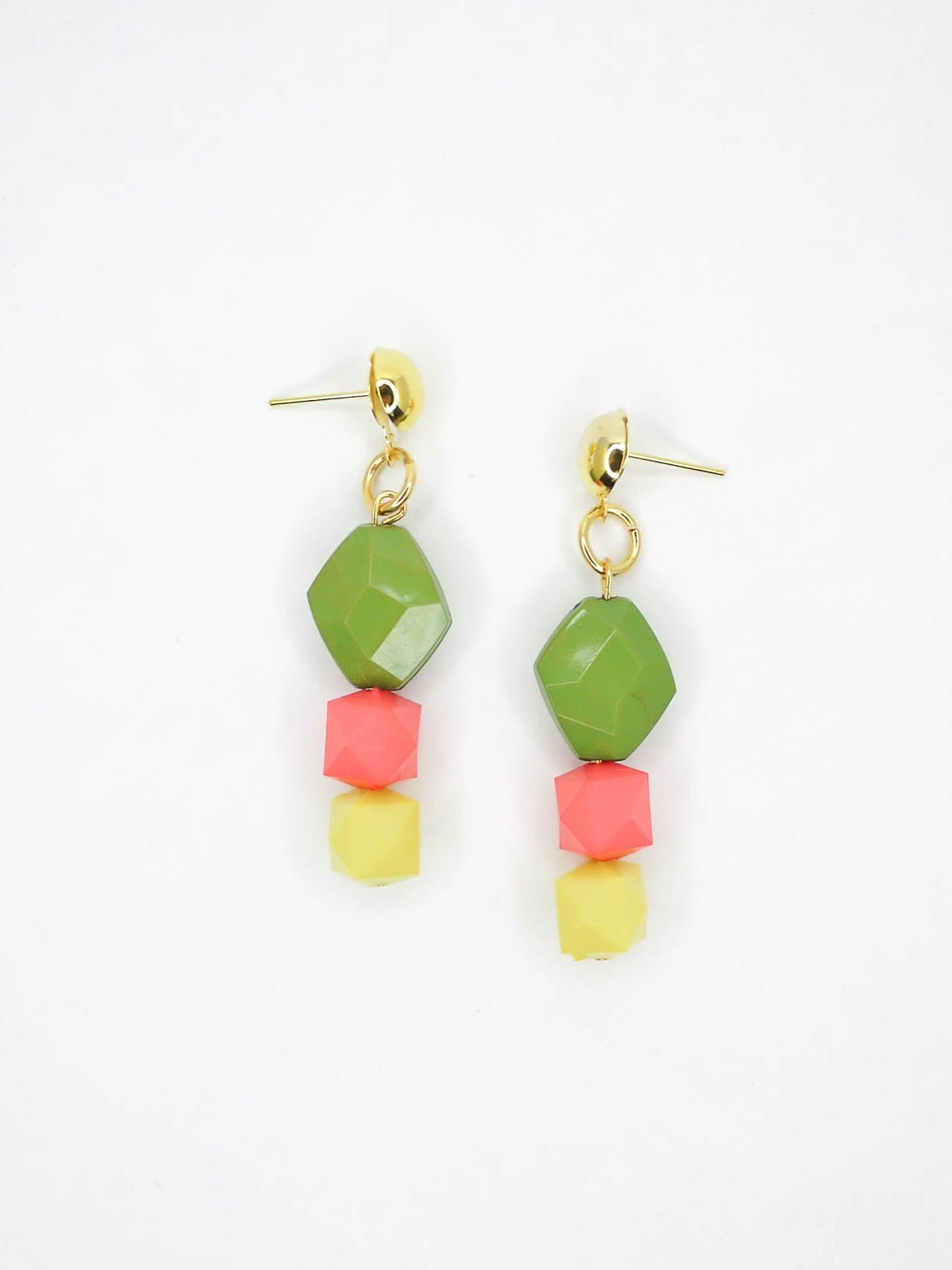 Colour block green, pink & yellow faceted bead earrings