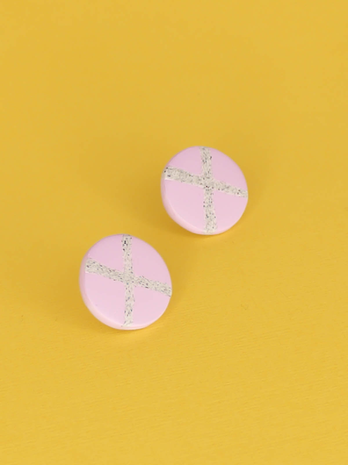 Lightweight geometric lilac polymer clay stud circle earrings with a granite cross in the centre