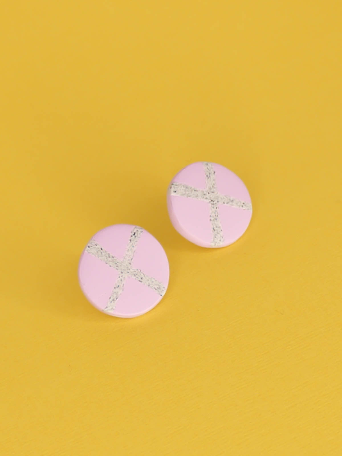 Lightweight geometric lilac polymer clay stud circle earrings with a granite cross in the centre