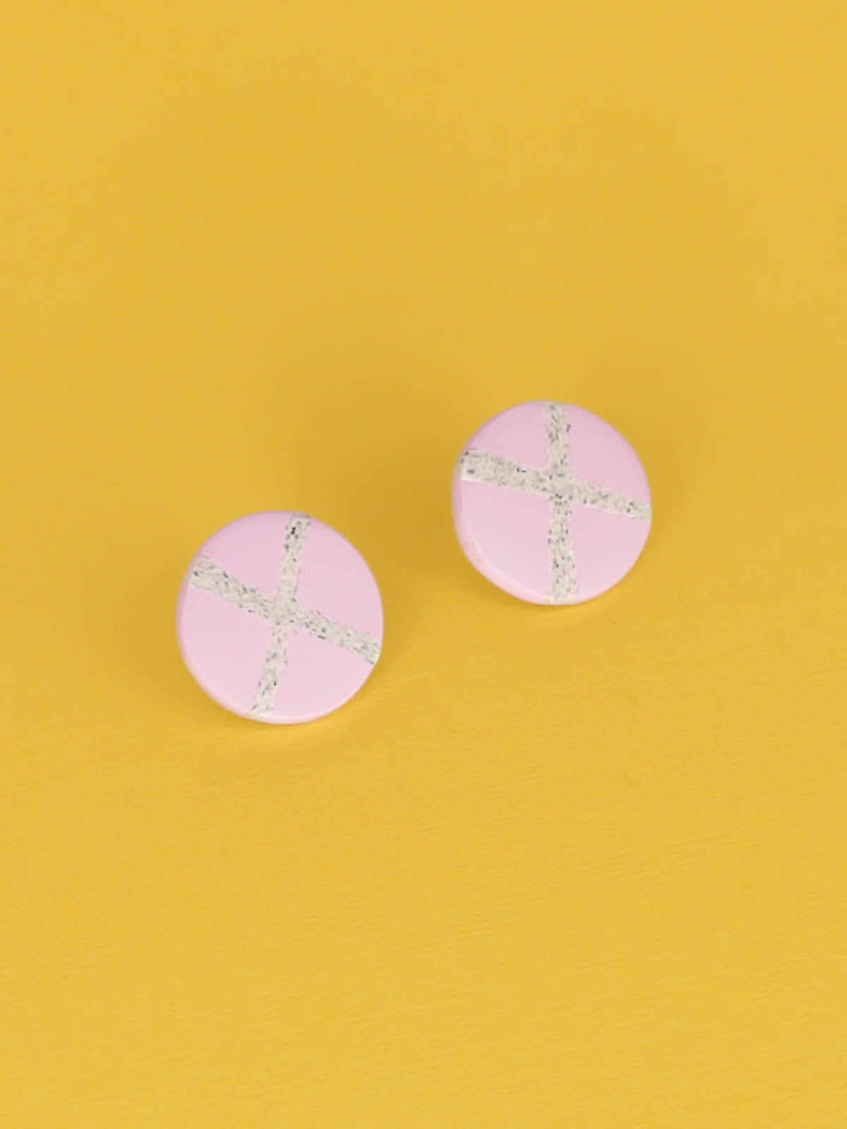 Lightweight geometric lilac polymer clay stud circle earrings with a granite cross in the centre