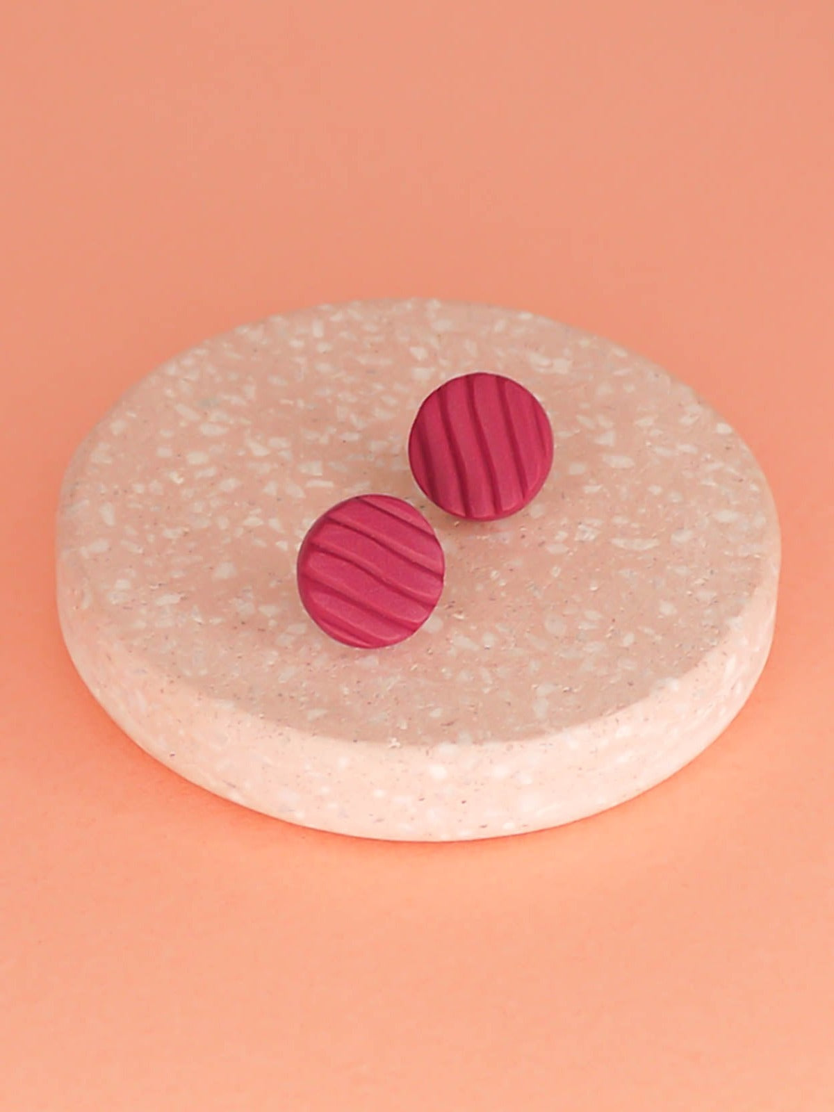 Mini magenta textured striped polymer clay stud earrings