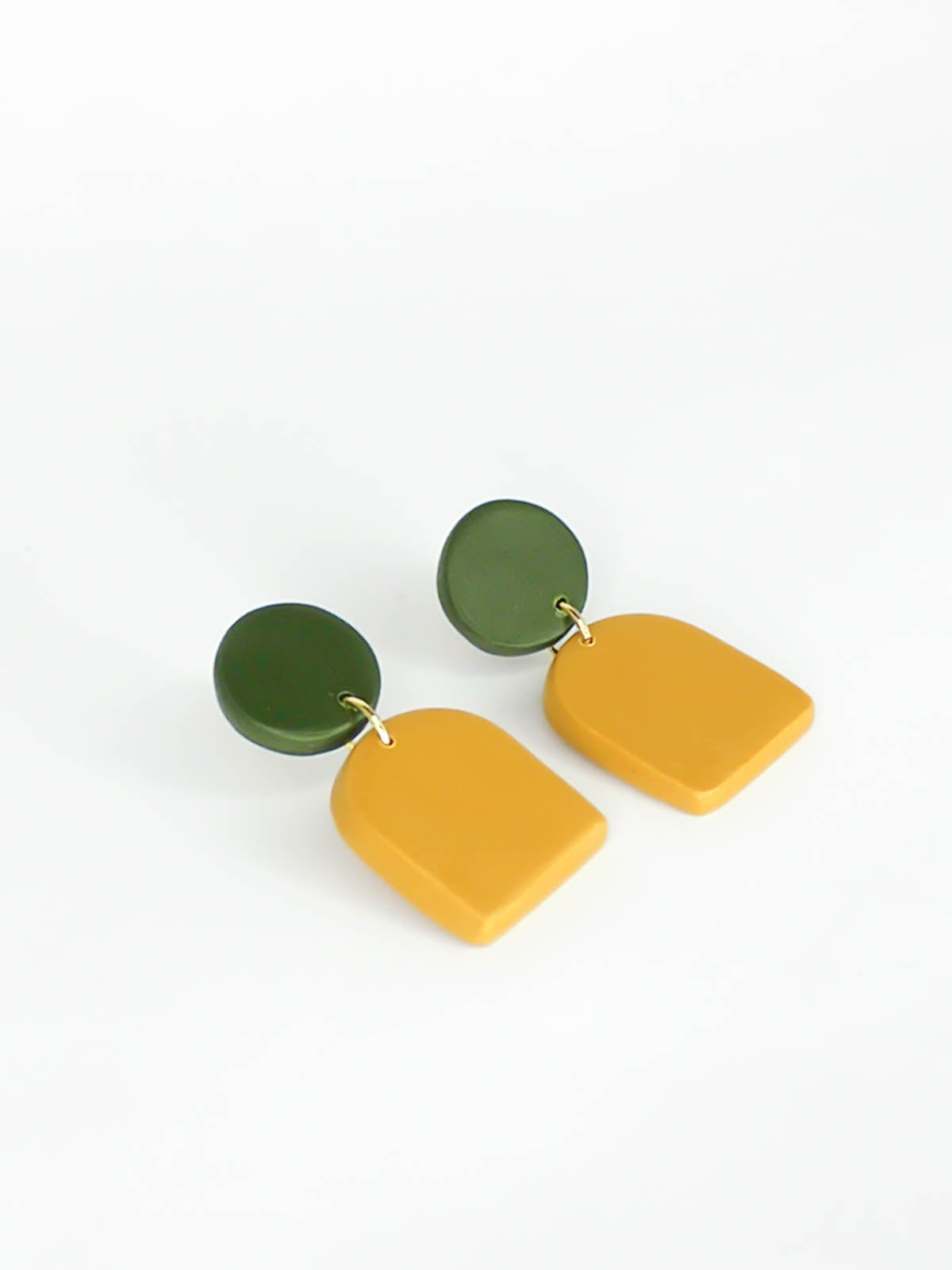 Lightweight mustard & green arch dangle statement earrings, made out of polymer clay with stainless steel posts