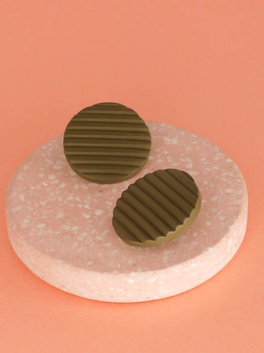 Olive green polymer clay textured striped statement disk stud earrings