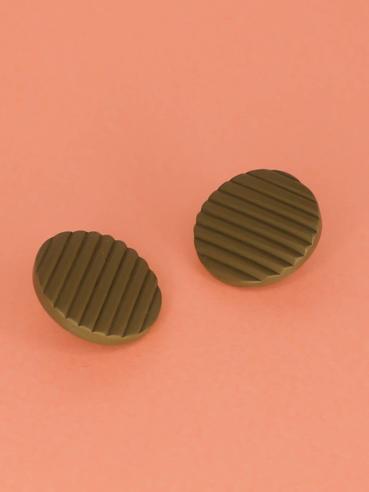 Olive green polymer clay textured striped statement disk stud earrings