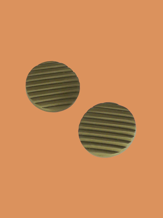 Olive green polymer clay textured striped statement disk stud earrings