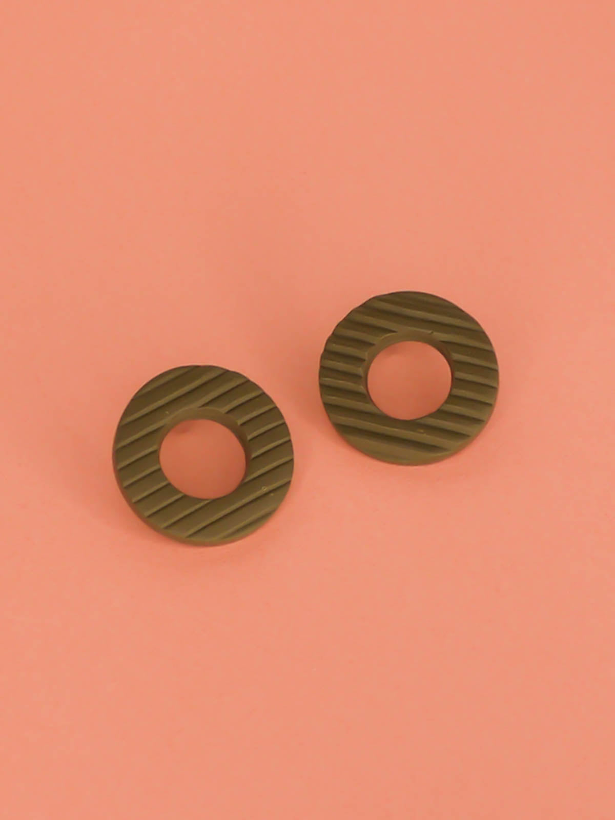 Olive green striped textured hoop stud earrings in lightweight polymer clay