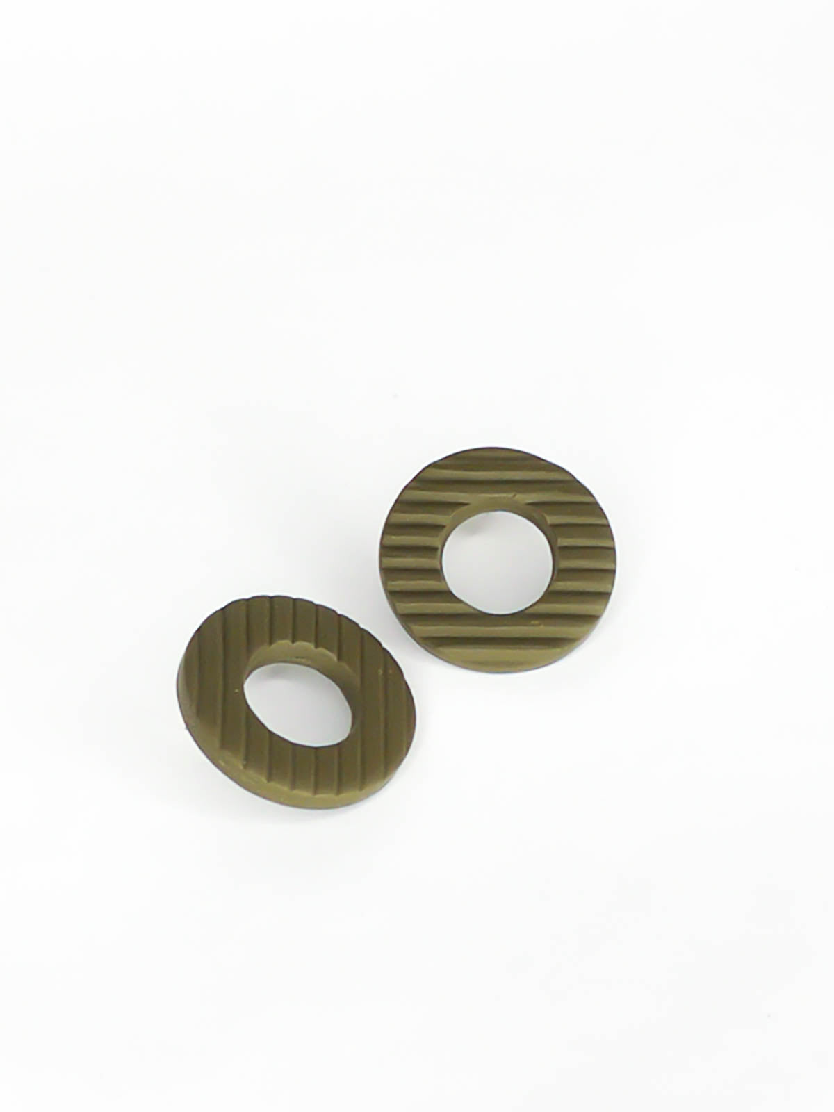 Olive green striped textured hoop stud earrings in lightweight polymer clay