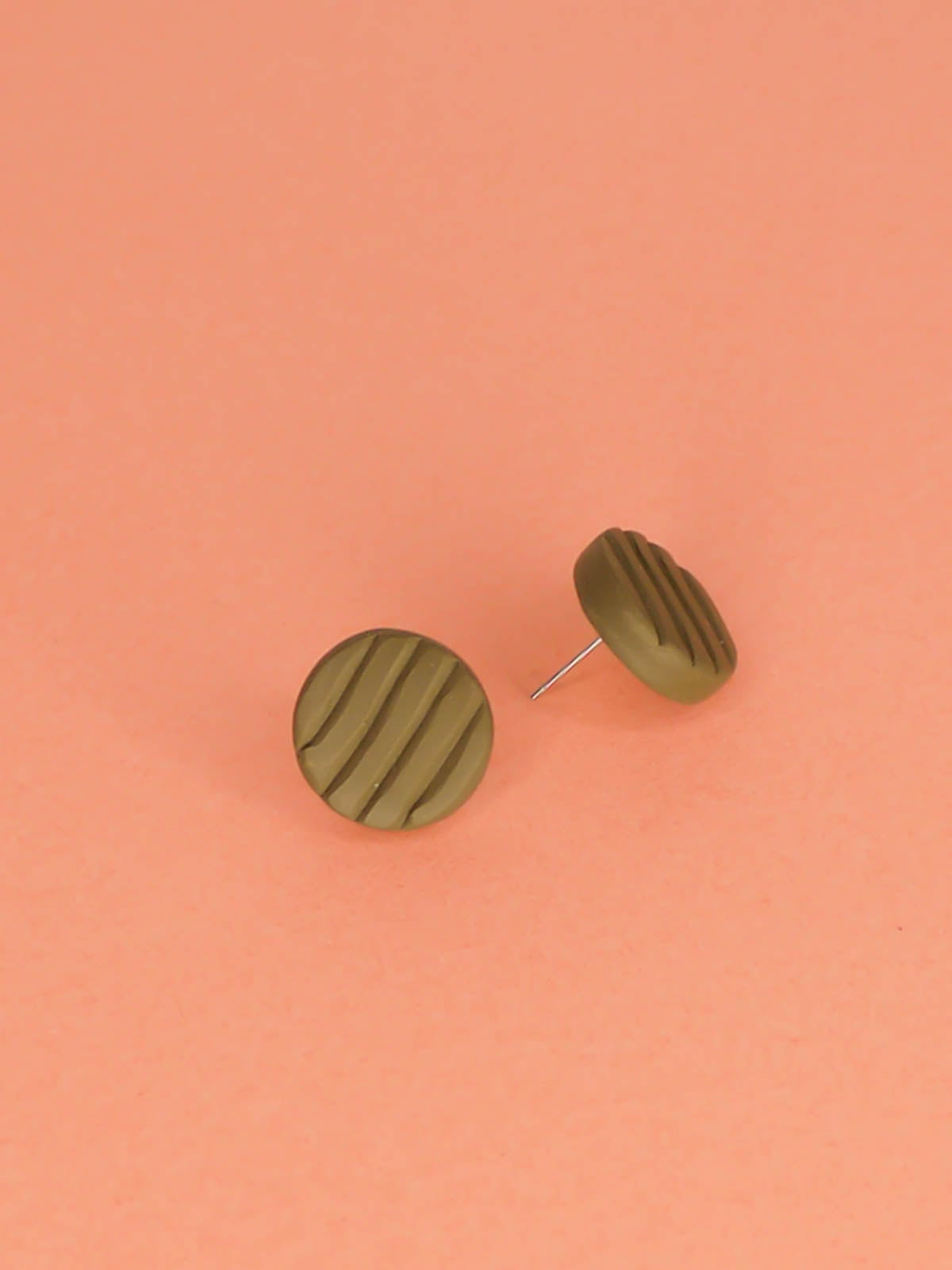 Lightweight mini olive green studs with a striped texture