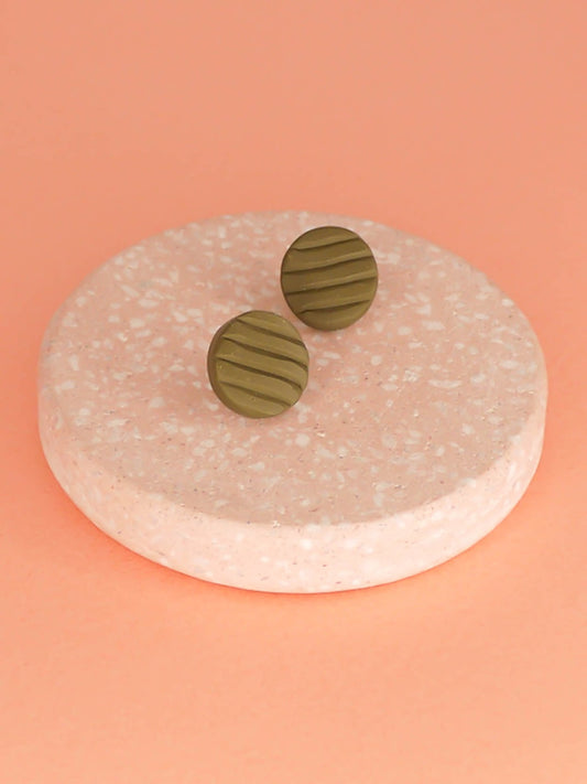 Lightweight mini olive green studs with a striped texture