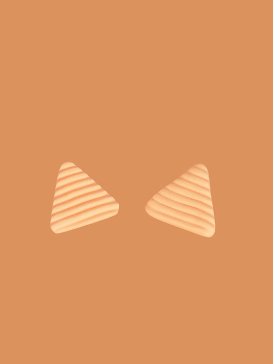 Lightweight peach polymer clay triangle stud earrings in a fluted striped texture with stainless steel studs.