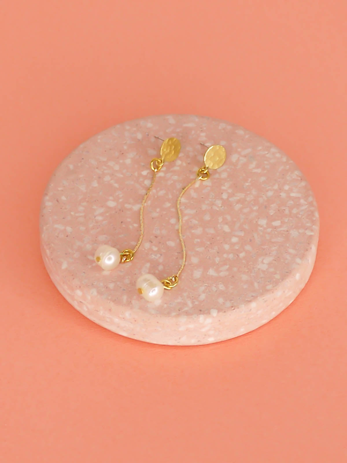 Long Mother of Pearl drop dangle earrings with gold snake chain & a textured brass stud