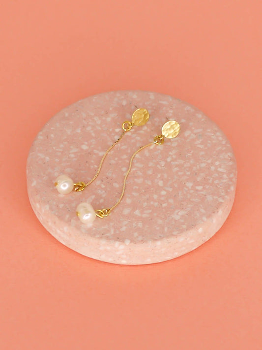 Long Mother of Pearl drop dangle earrings with gold snake chain & a textured brass stud