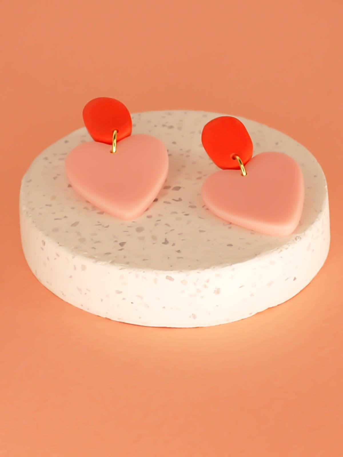 Colour block polymer clay pink heart dangle earrings with red rectangle studs with stainless steel posts