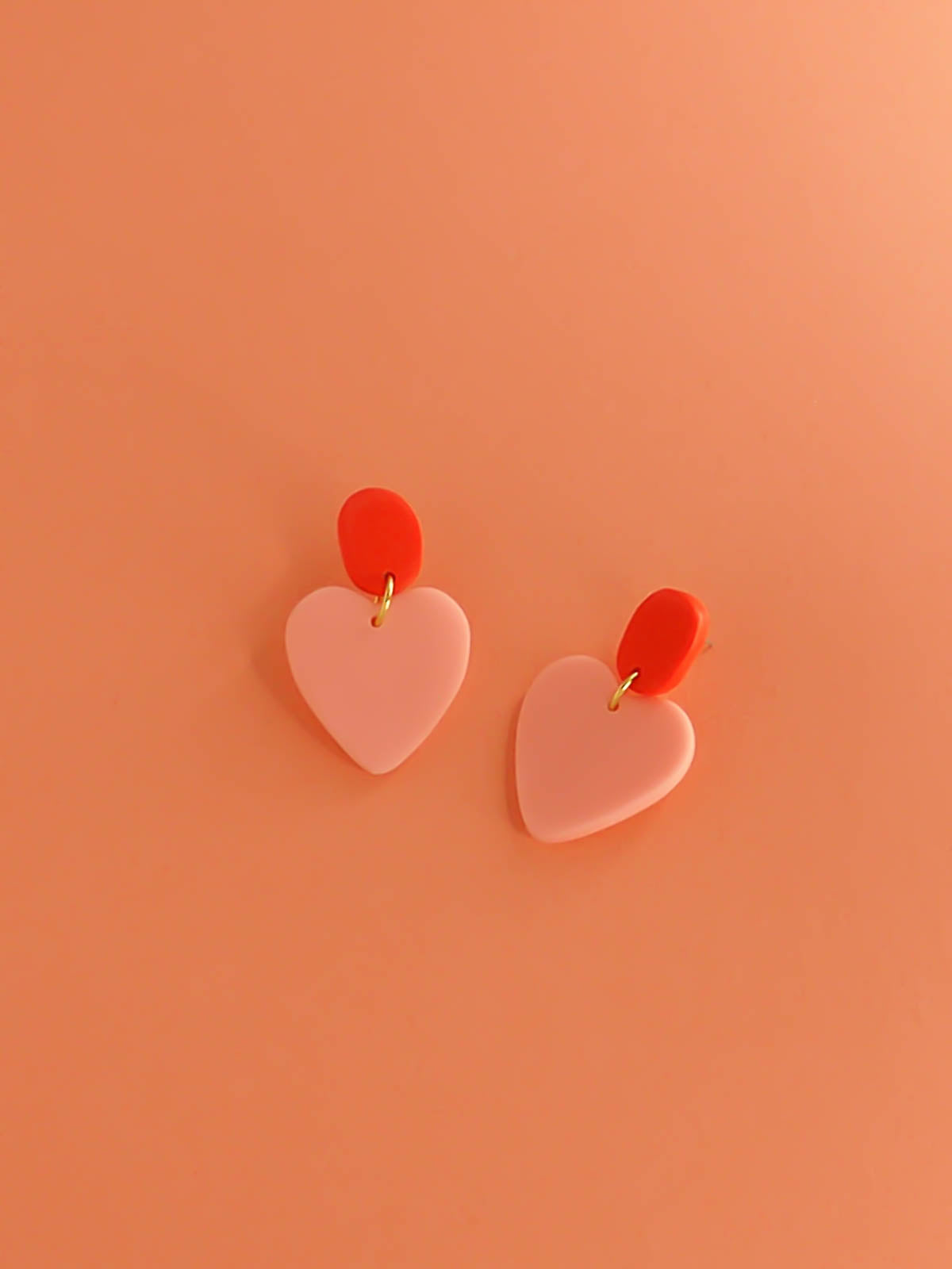 Colour block polymer clay pink heart dangle earrings with red rectangle studs with stainless steel posts