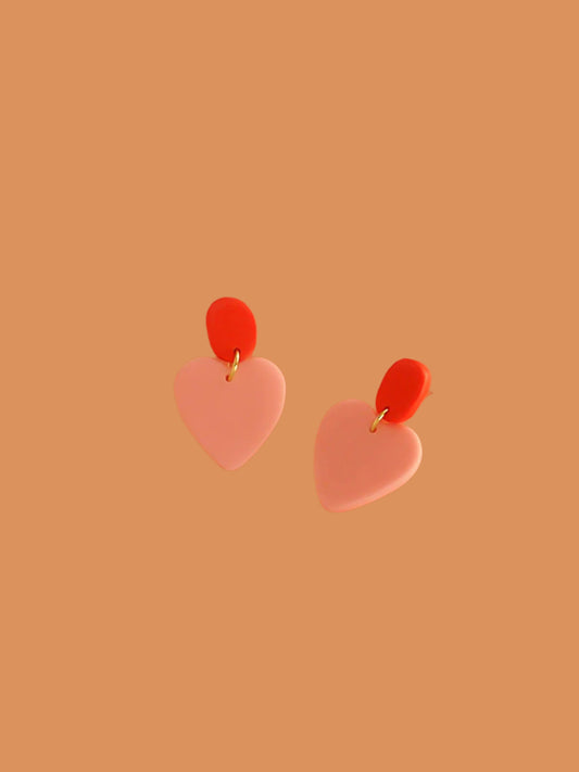 Colour block polymer clay pink heart dangle earrings with red rectangle studs with stainless steel posts