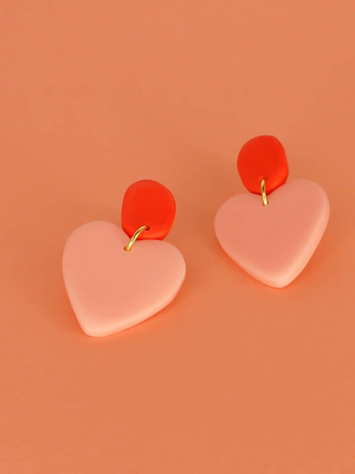 Colour block polymer clay pink heart dangle earrings with red rectangle studs with stainless steel posts