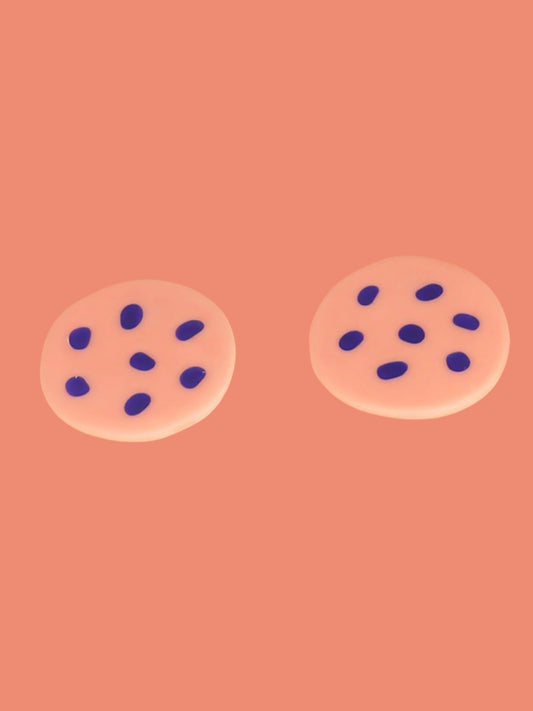 Large polymer clay pink stud earrings with cobalt blue spots and stainless steel posts