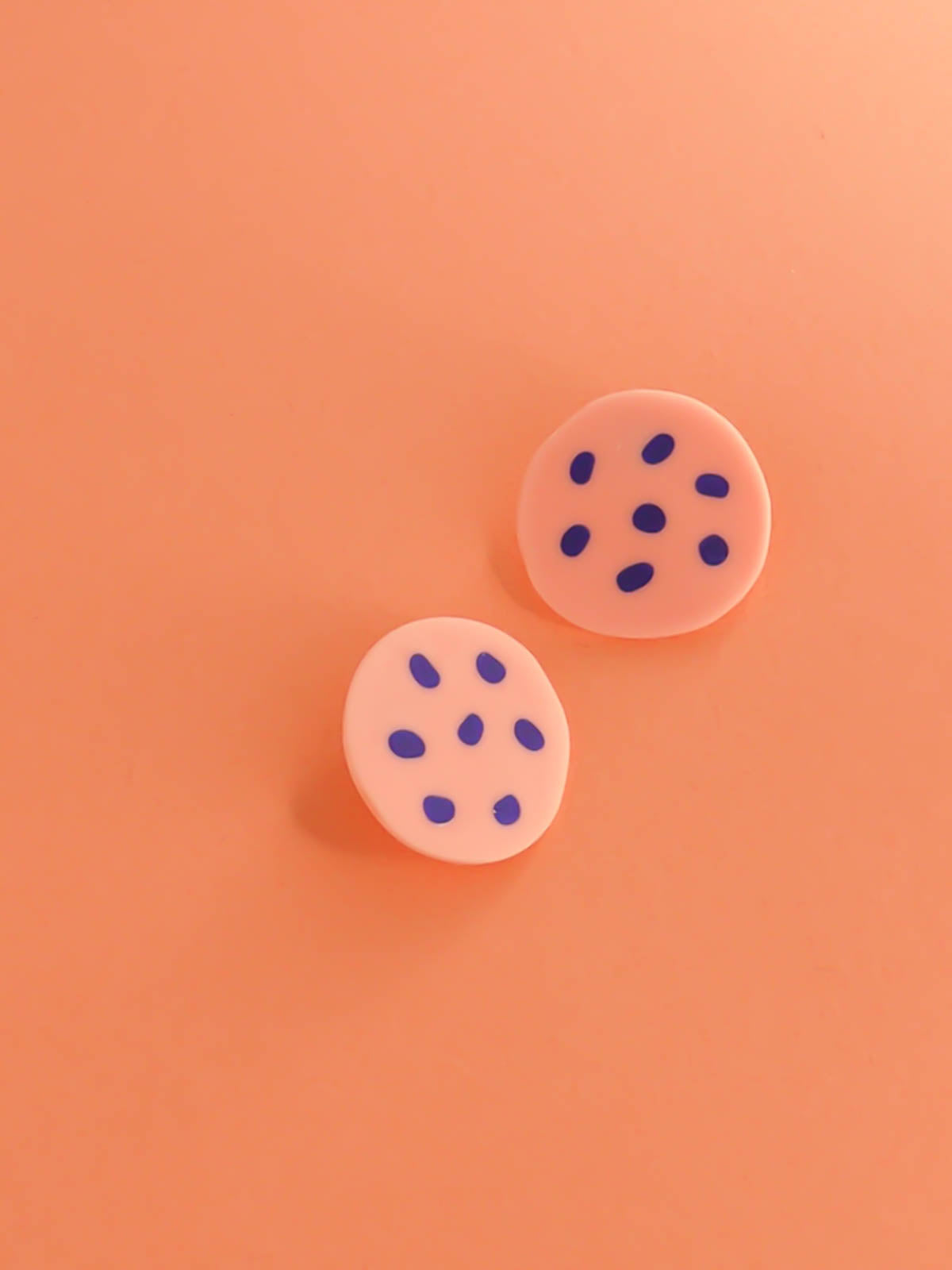 Large polymer clay pink stud earrings with cobalt blue spots and stainless steel posts