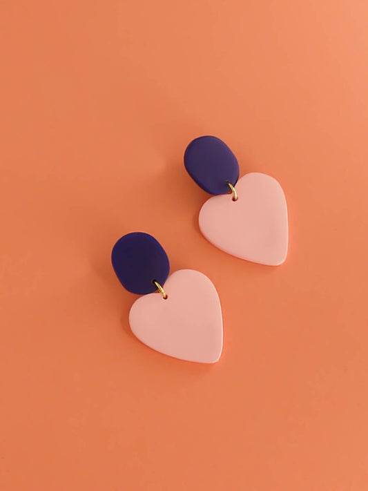 Colour block polymer clay statement dangle earrings with a dusty pink heart paired with a cobalt rectangle stud & stainless steel posts