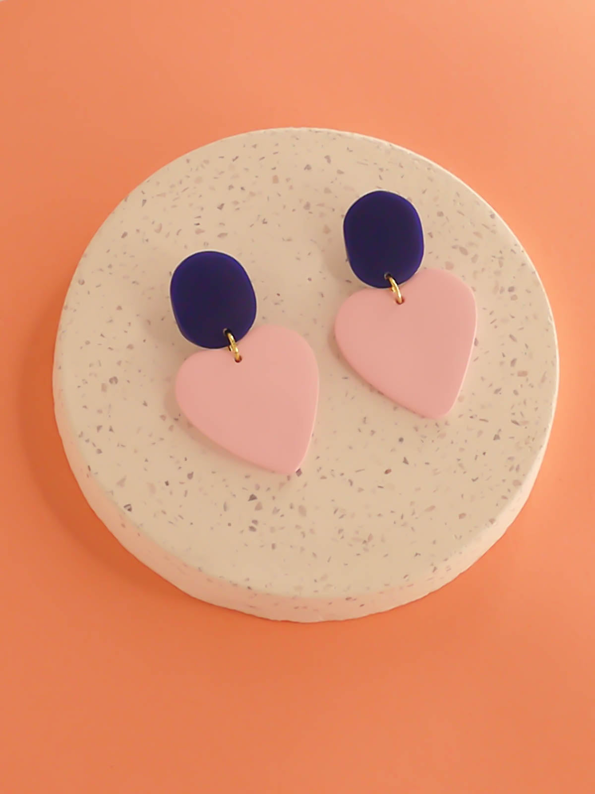 Colour block polymer clay statement dangle earrings with a dusty pink heart paired with a cobalt rectangle stud & stainless steel posts