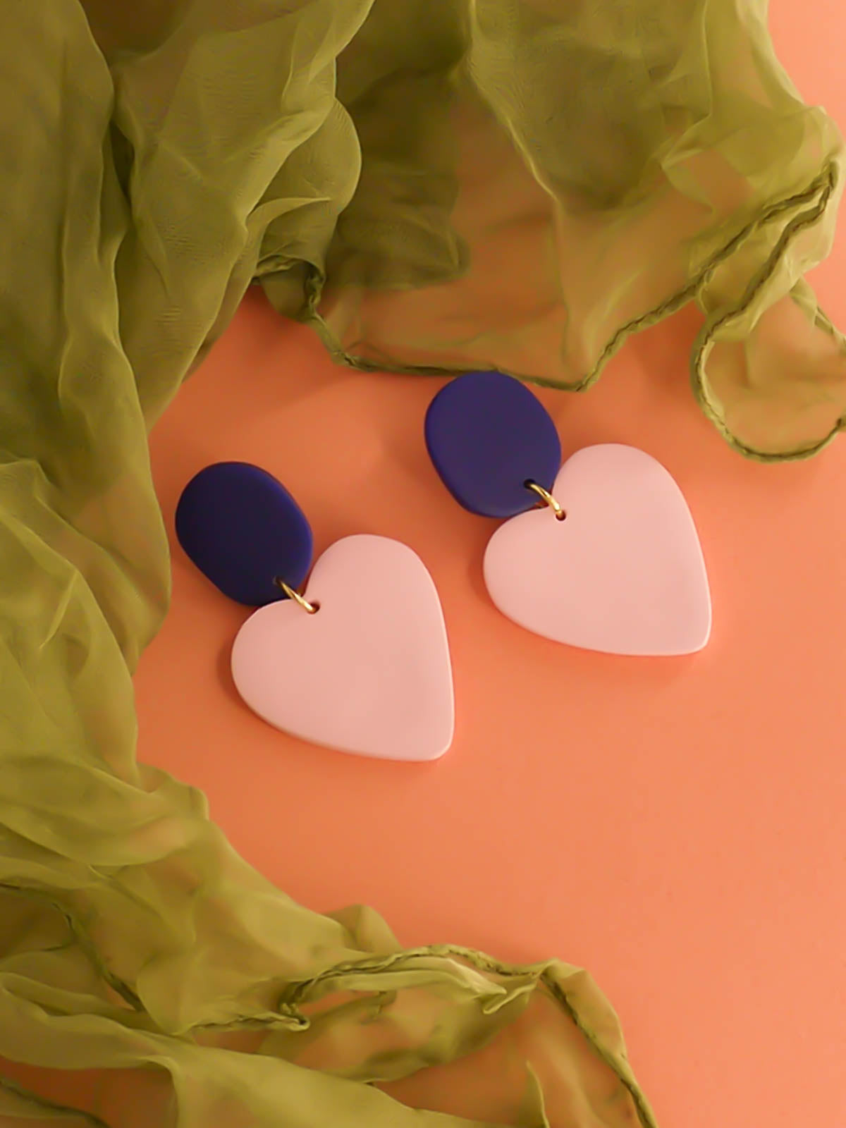 Colour block polymer clay statement dangle earrings with a dusty pink heart paired with a cobalt rectangle stud & stainless steel posts