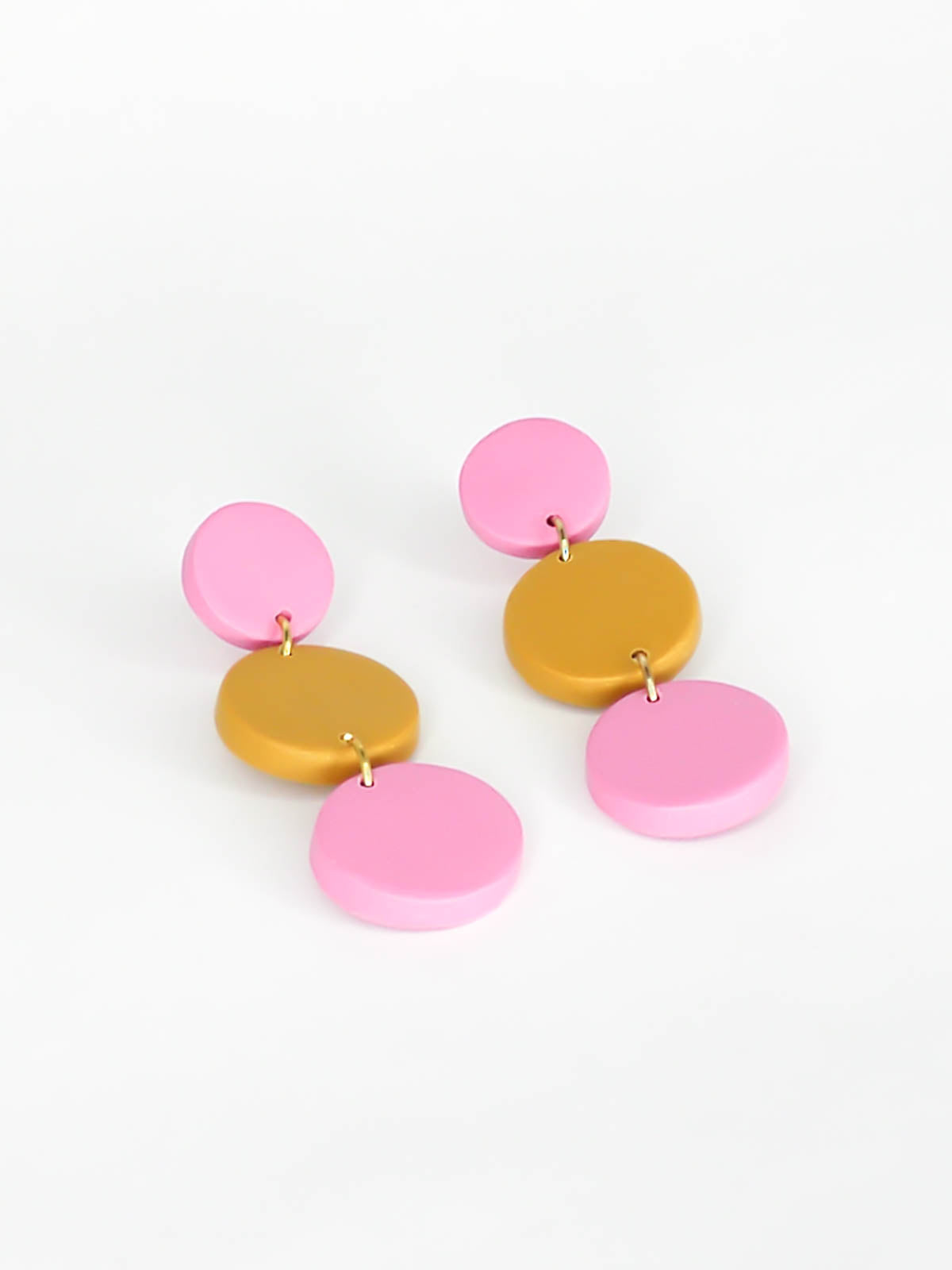 Pink & mustard colourful 3-tier circle dangle statement earrings. Lightweight, made out of polymer clay with stainless steel studs.