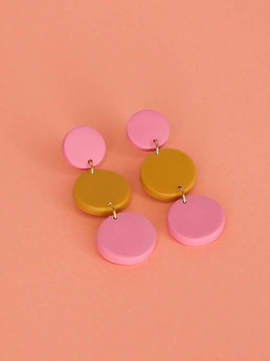 Pink & mustard colourful 3-tier circle dangle statement earrings. Lightweight, made out of polymer clay with stainless steel studs.