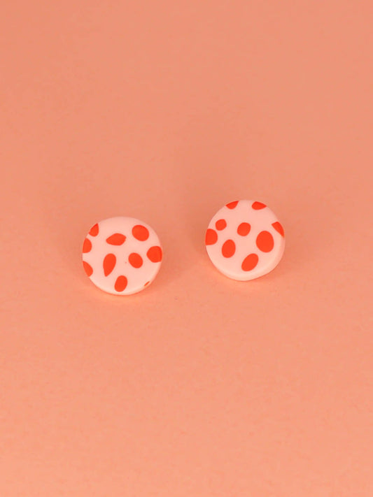 Pink and red spotted stud earrings with stainless steel posts