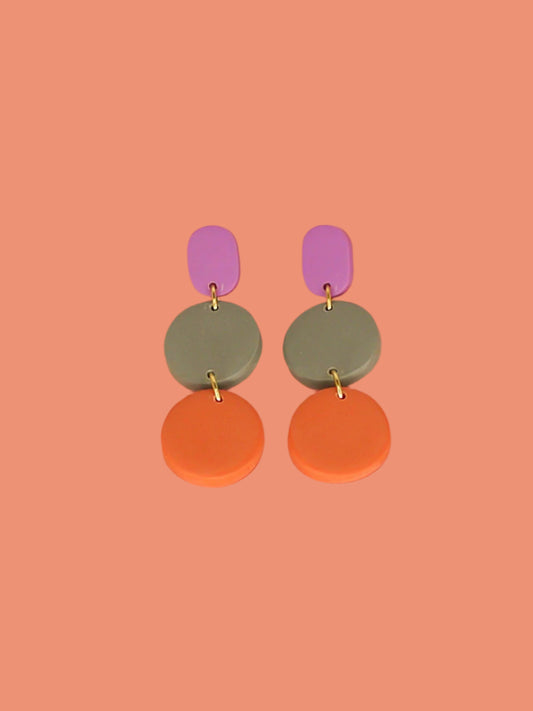 Colour block 3-tier polymer clay dangle earrings in a purple rectangle stud, connected to a sage & orange circle