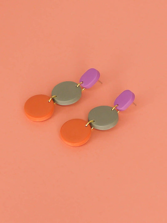 Colour block 3-tier polymer clay dangle earrings in a purple rectangle stud, connected to a sage & orange circle