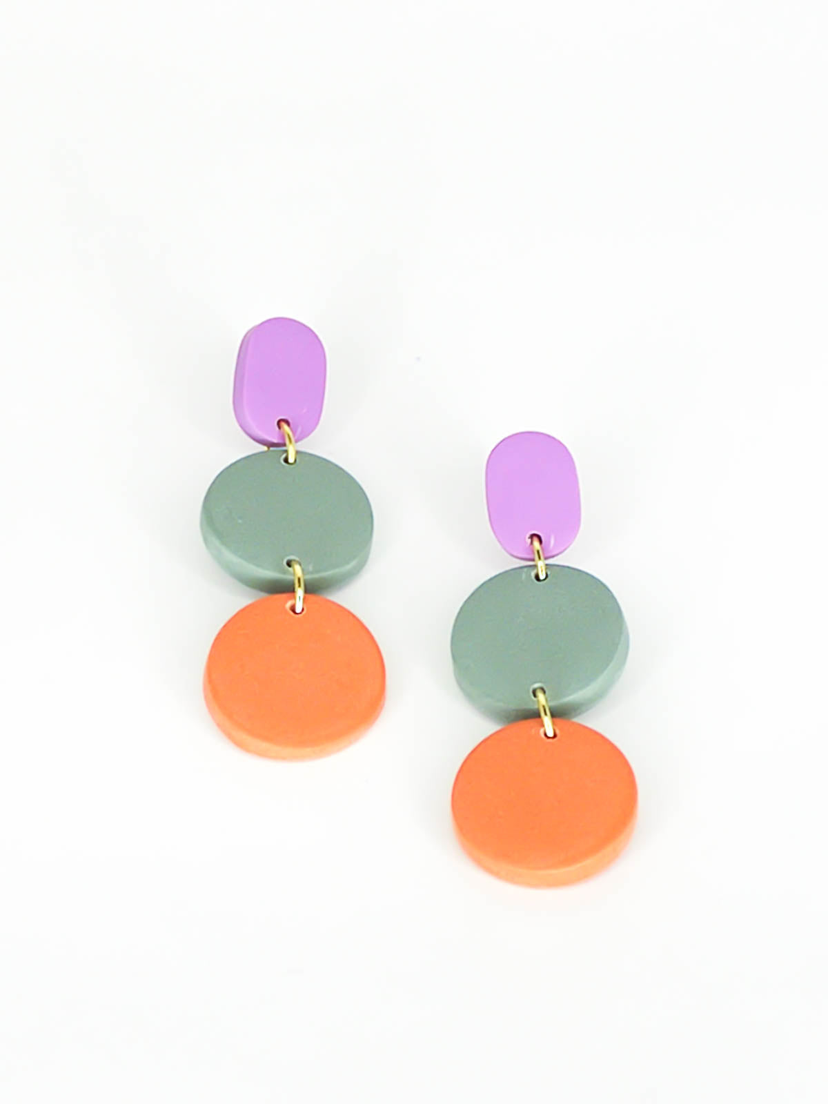 Colour block 3-tier polymer clay dangle earrings in a purple rectangle stud, connected to a sage & orange circle