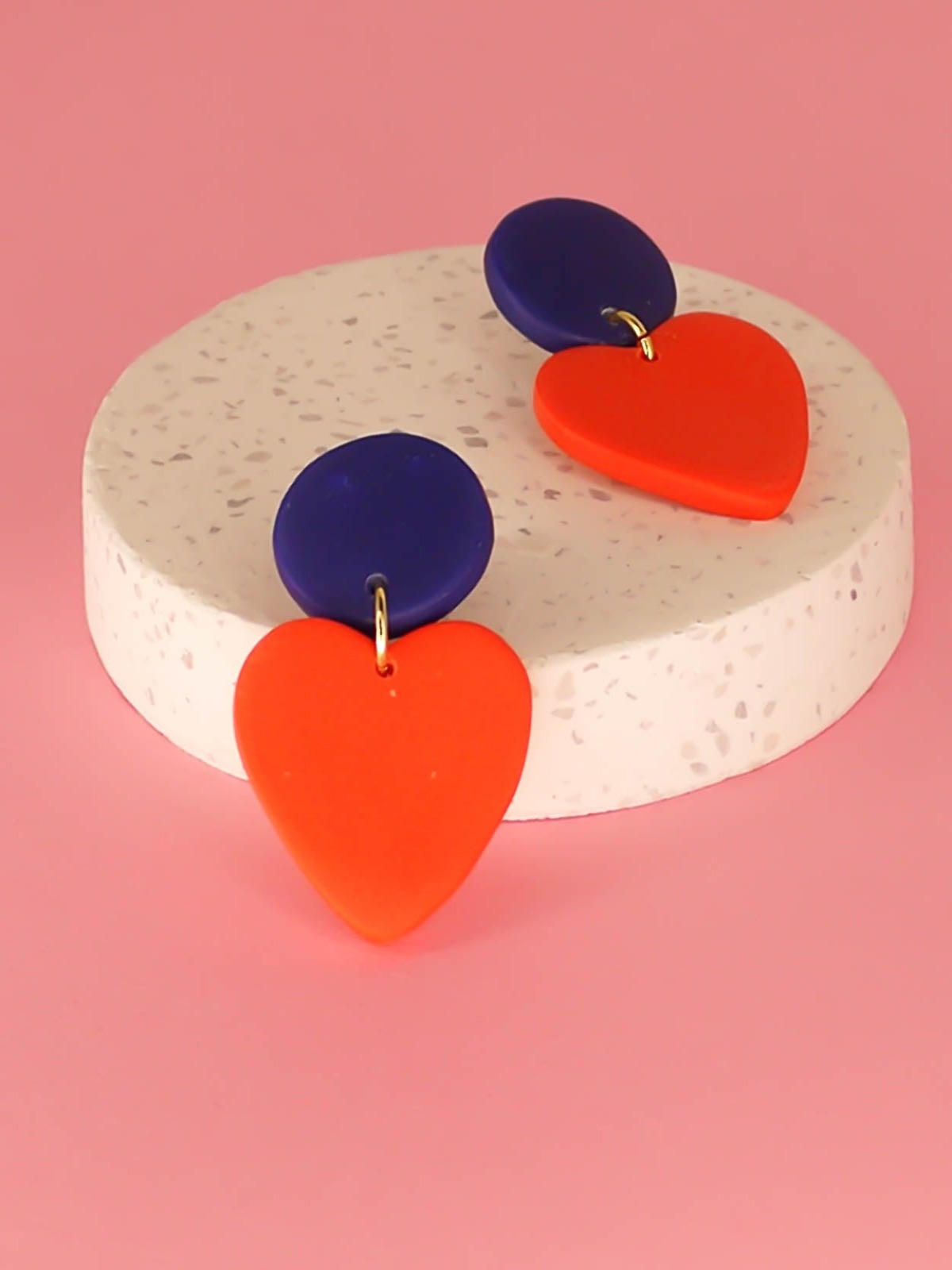 Colour block polymer clay statement earrings in bright red hearts with cobalt blue circle studs with stainless steel posts