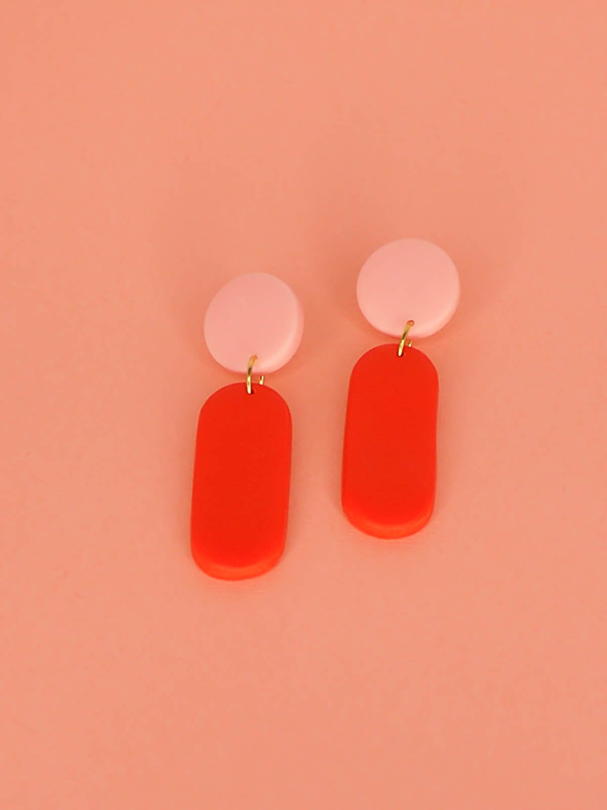 Lightweight polymer clay stick dangle statement earrings in a red rectangle stick with pink stud & stainless steel posts