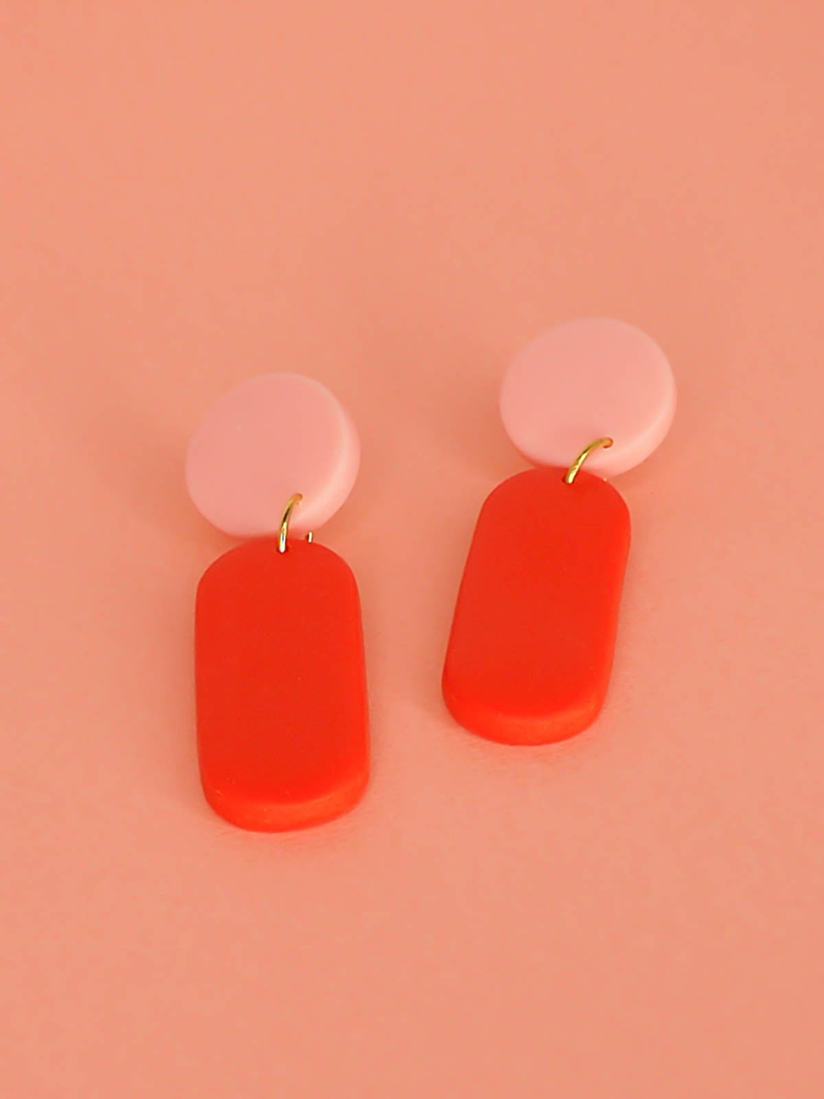 Lightweight polymer clay stick dangle statement earrings in a red rectangle stick with pink stud & stainless steel posts