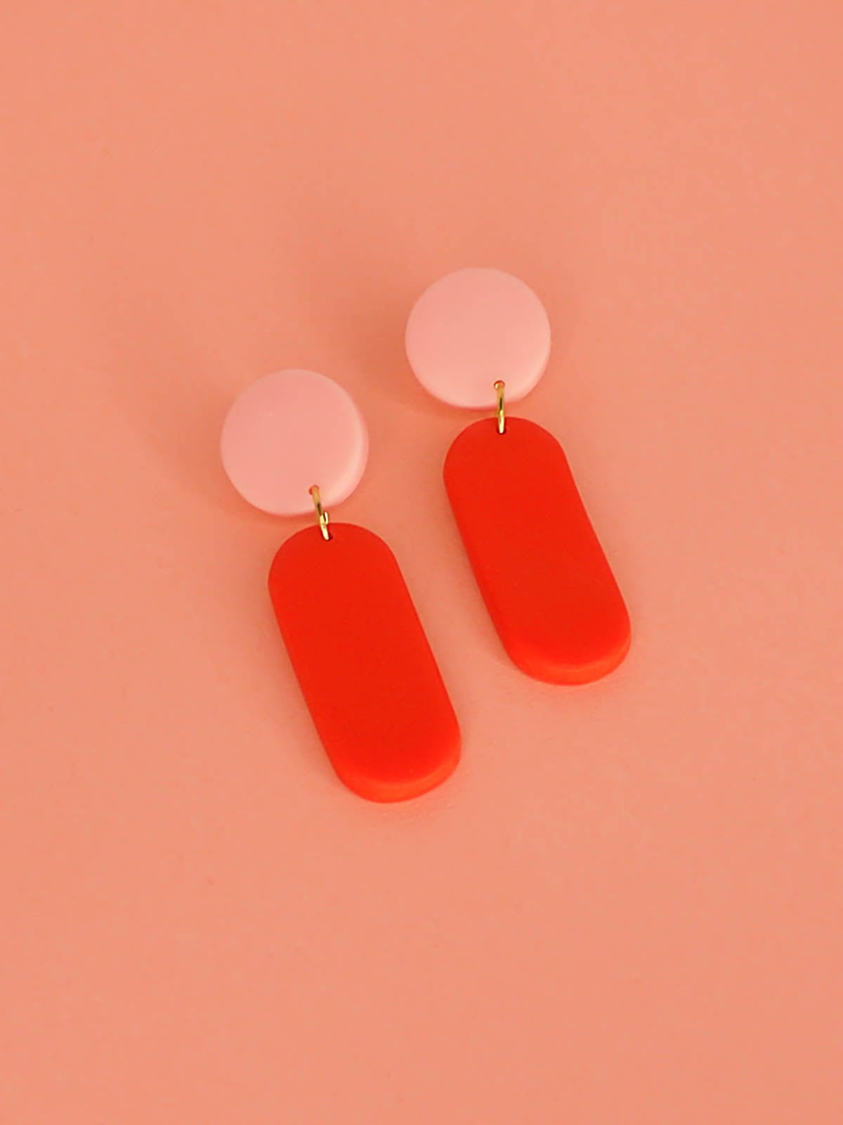 Lightweight polymer clay stick dangle statement earrings in a red rectangle stick with pink stud & stainless steel posts