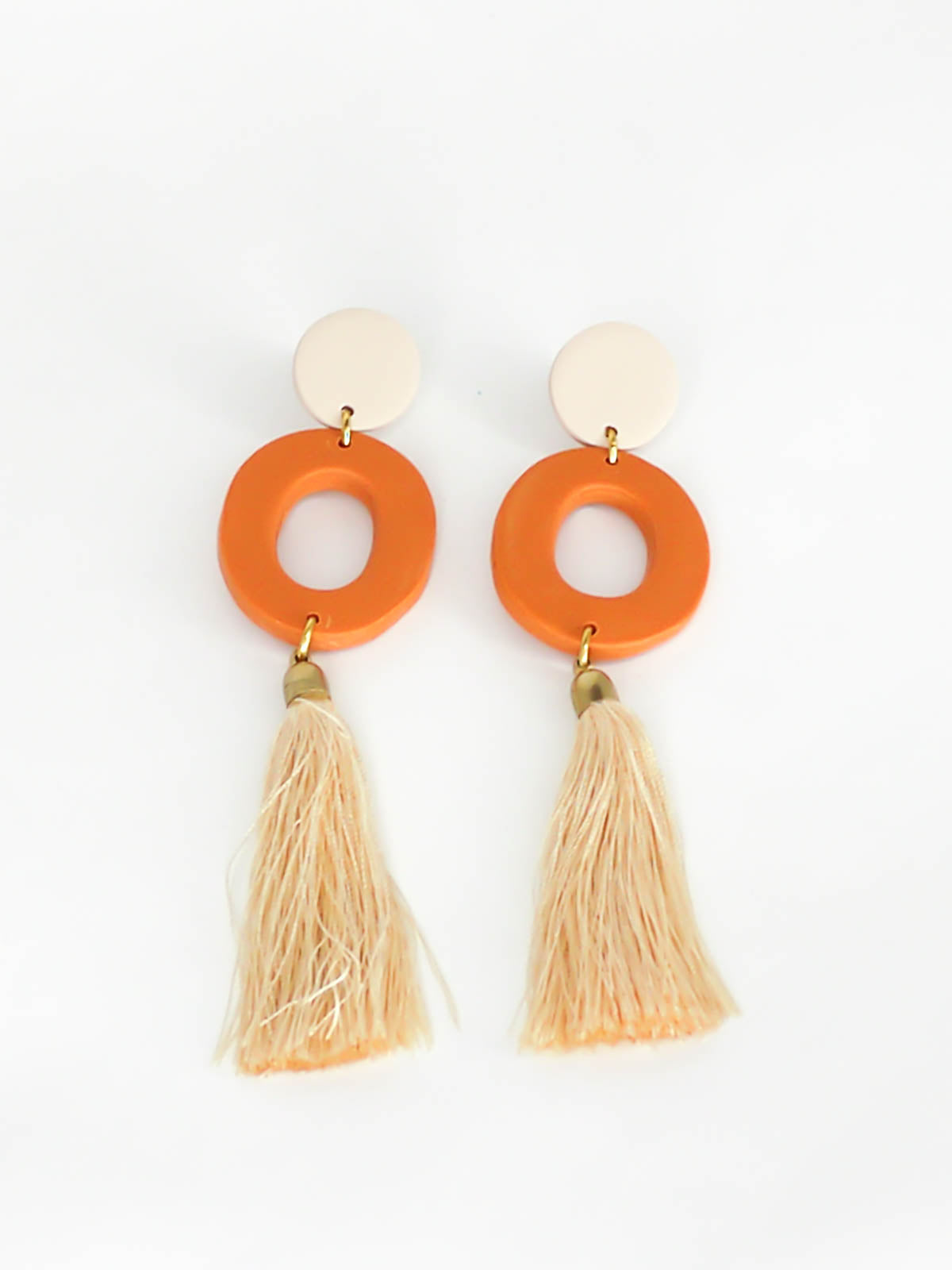 Long lightweight 3 tier tassel statement earrings with a polymer clay beige stud, connected to a terracotta hoop & a beige tassel